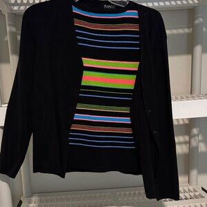 Hampshire Studio Black Cardigan and Multicolor Striped Top Womens